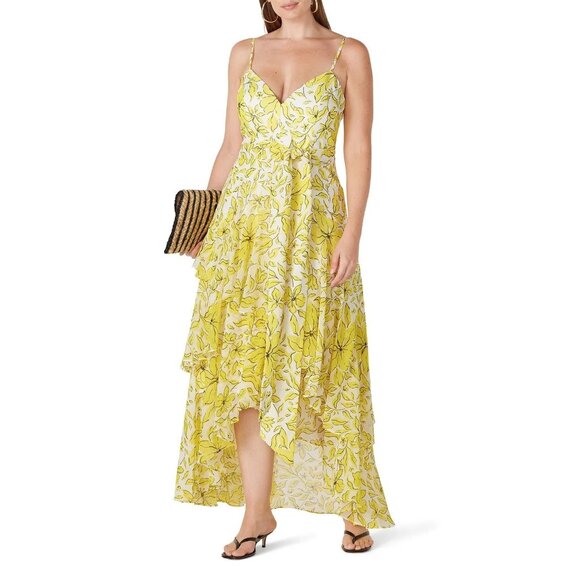 Badgley Mischka Womens Floral Print Dress in Yellow 0 Long Gown Maxi - Picture 13 of 14
